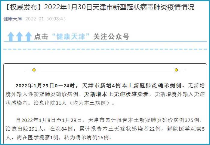 天津累计本土确诊31例/天津本轮疫情报告确诊病例31例无症状感染者10例