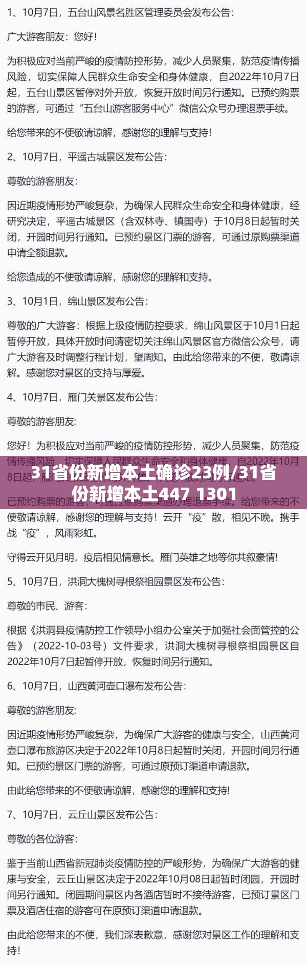 31省份新增本土确诊23例/31省份新增本土447 1301