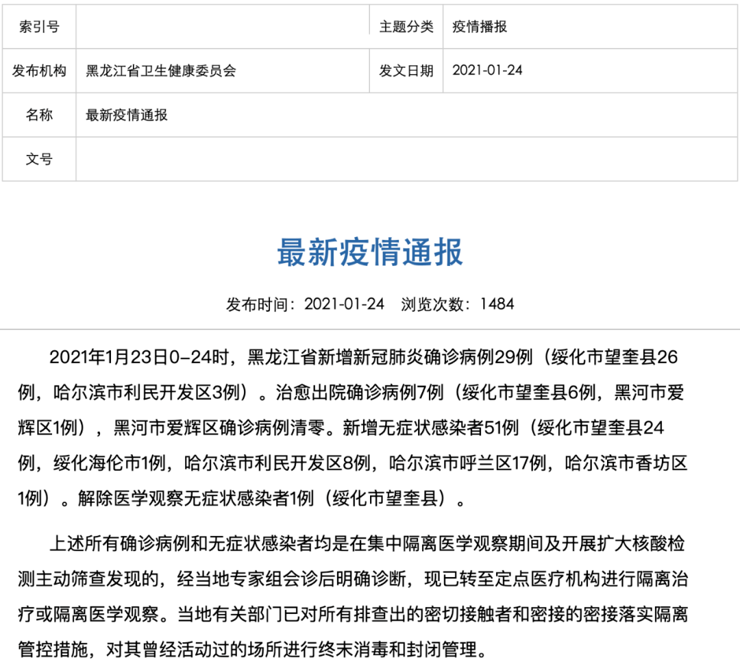 黑龙江新增29例确诊28例无症状(黑龙江新冠病最新消息)