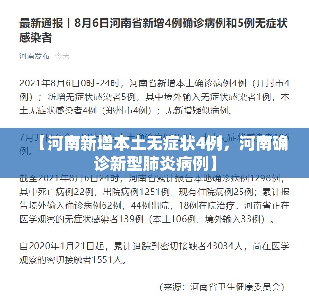 【河南新增本土无症状4例，河南确诊新型肺炎病例】