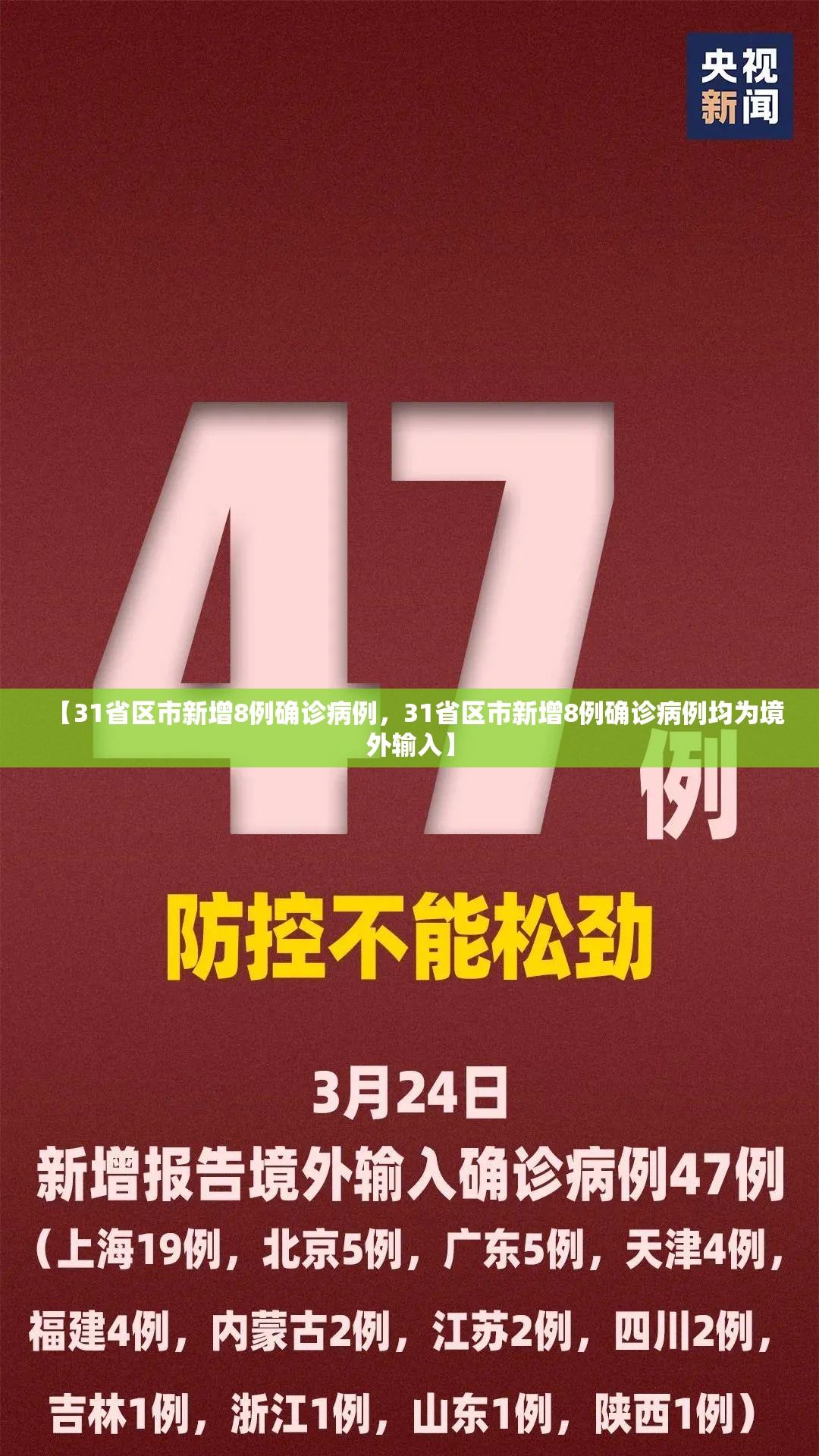 【31省区市新增8例确诊病例,31省区市新增8例确诊病例均为境外输入】 【31省区市新增8例确诊病例,31省区市新增8例确诊病例均为境外输入】